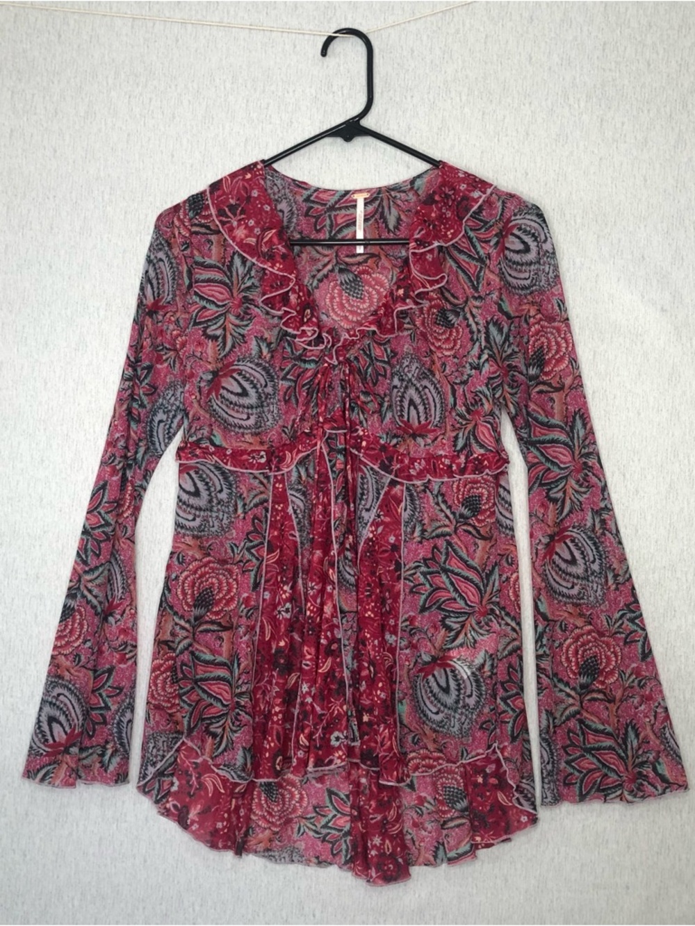 Free People Wildest Dream Tunic Size S Floral Ruffle Tie-Front Long Sleeve Red